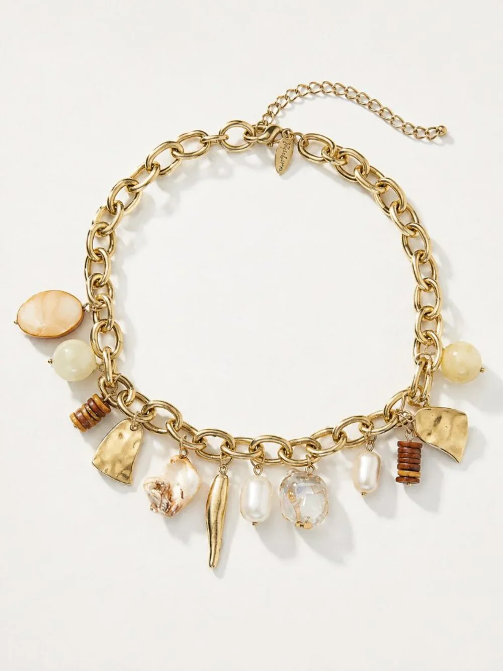 Vintage Coastal Boho Gold Chain Charm Necklace Shell Pearl Wood